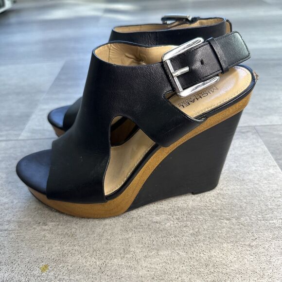 Michael Kors Womens Josephine Black Leather Wedge Platform Heels Size 7M - Picture 3 of 6
